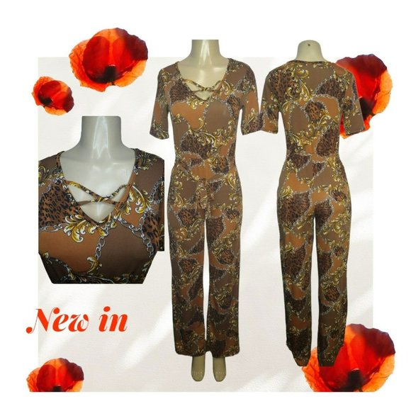 Elegant Maxi wide legged Cheetah Gold jumpsuit, All sizes, comfy stretch - Picture 1 of 10